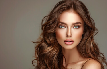 Fototapeta premium Fashionable brunette beauty woman with natural make-up and wavy hair