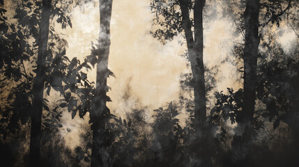 Obraz premium Misty forest with silhouetted trees and soft light, atmospheric and serene