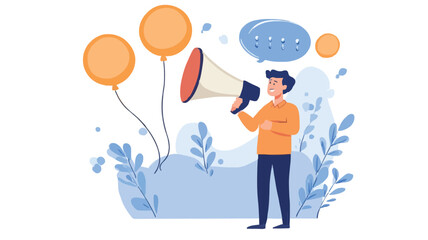 Communication or PR, Public Relations manager to communicate company information and media, announce sales or promotion concept, businessman holding speech bubble balloons while talking on megaphone.