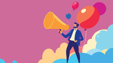Communication or PR, Public Relations manager to communicate company information and media, announce sales or promotion concept, businessman holding speech bubble balloons while talking on megaphone.