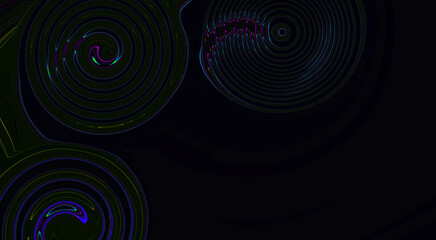 Swirl neon light blue green circle on black background. Art trippy digital glitch backdrop. Banner. Card. Tech pattern. Brochure. Geometric texture. Innovation. Copy space. Creating Connection. VR. AR