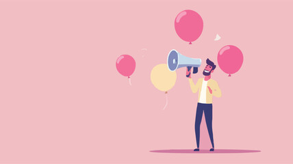 Communication or PR, Public Relations manager to communicate company information and media, announce sales or promotion concept, businessman holding speech bubble balloons while talking on megaphone.