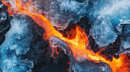 Lava breaking through ice, intense heat and cold contrast in abstract texture