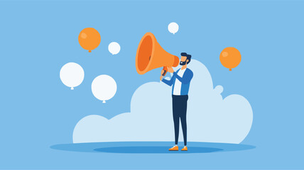 Communication or PR, Public Relations manager to communicate company information and media, announce sales or promotion concept, businessman holding speech bubble balloons while talking on megaphone.