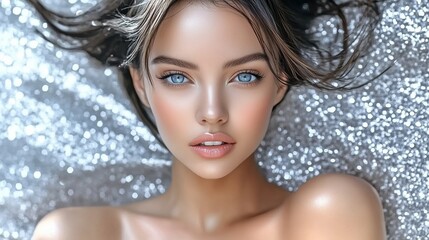 A close-up portrait of a model with striking blue eyes and flawless skin on a sparkling silver...