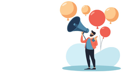 Communication or PR, Public Relations manager to communicate company information and media, announce sales or promotion concept, businessman holding speech bubble balloons while talking on megaphone.