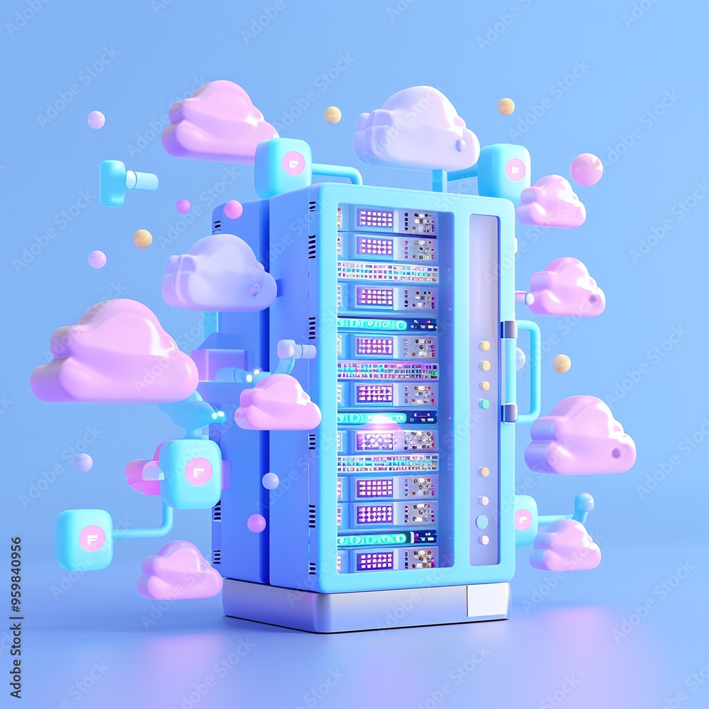 Poster 3d render of a cloud computing server surrounded by colorful clouds on a blue background. concept of