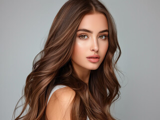 Fototapeta premium Lovely brunette model woman with long curly hair. Young adult woman with hairstyle wavy curls. Fashion, beauty and makeup concept