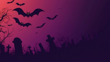 Fototapeta premium Stylized Halloween scene with bats flying over a graveyard, ultra-sharp focus, solid deep purple background