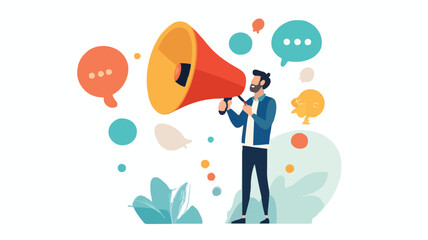 Communication or PR, Public Relations manager to communicate company information and media, announce sales or promotion concept, businessman holding speech bubble balloons while talking on megaphone.
