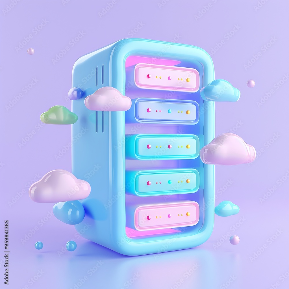 Poster abstract 3d illustration of a colorful server surrounded by floating clouds on a purple background, 