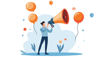 Communication or PR, Public Relations manager to communicate company information and media, announce sales or promotion concept, businessman holding speech bubble balloons while talking on megaphone.