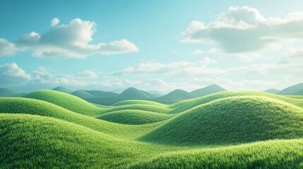 Green Grass Hills Landscape with Cloudy Sky