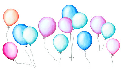 Set with blue pink balloons. Watercolor illustration