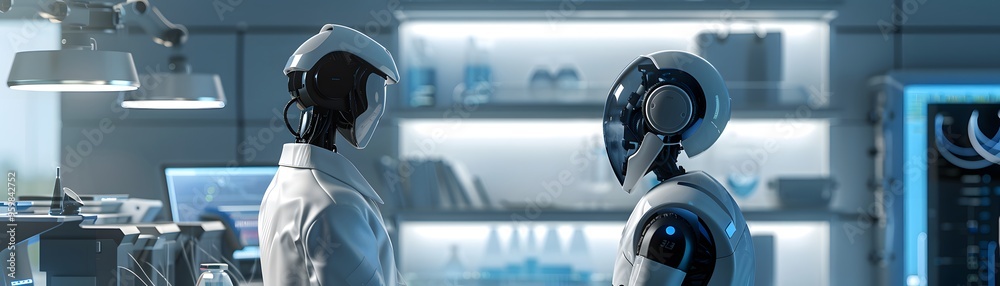 Poster futuristic robots interact in a high-tech laboratory, showcasing advanced technology and innovation 