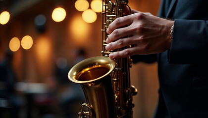 Obraz premium Close-up of hands playing a saxophone with bokeh lights in background. 