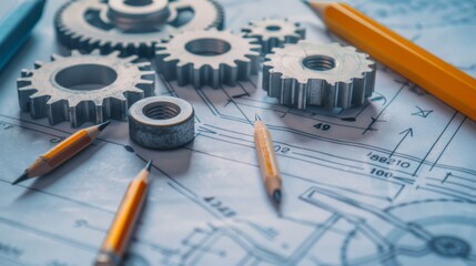A detailed engineering blueprint scattered with gears and pencils, symbolizing the intersection of creativity and precision.