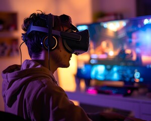 Gamer immersed in virtual reality experience, wearing VR headset, playing video game on a large screen in a dimly lit room.