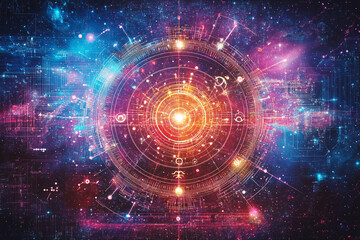 Obraz premium Bright glowing circular digital interface with futuristic design elements and cosmic background indicating high-tech data visualization