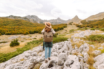 Naklejka premium A woman stands on rocky terrain, gazing at the vibrant autumn trees and mountains. Eco tourism. Active lifestyle.