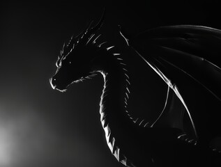 A striking silhouette of a dragon emerges from the darkness, starkly outlined in black and white with bold contrasts and dramatic chiaroscuro lighting.
