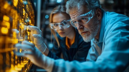 Intrigued by the Data: A seasoned scientist and a young colleague collaborate closely, examining a complex data display in a high-tech lab, their expressions conveying a shared sense of discovery and 