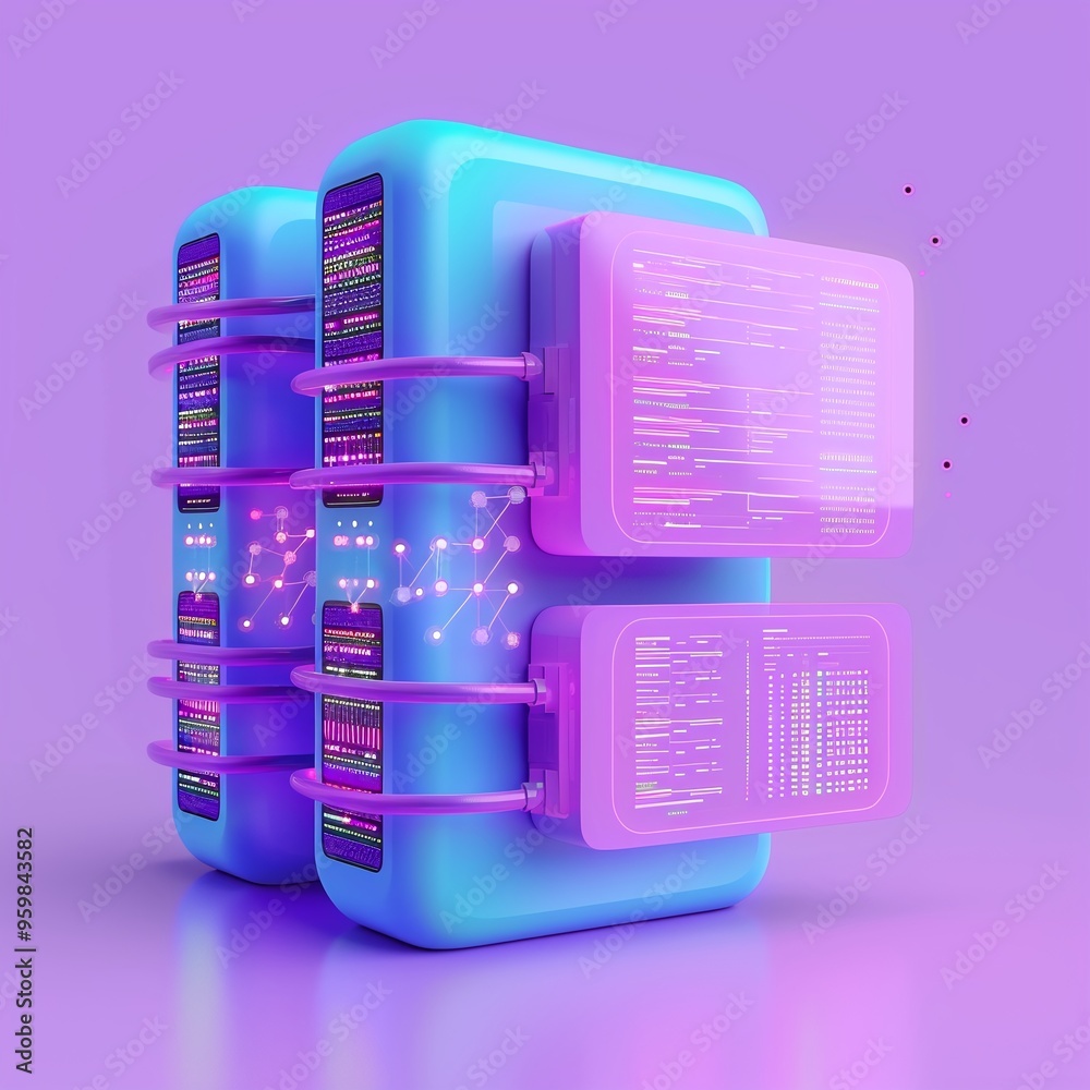 Poster futuristic data server farm with glowing ui on a purple background, representing cloud computing and