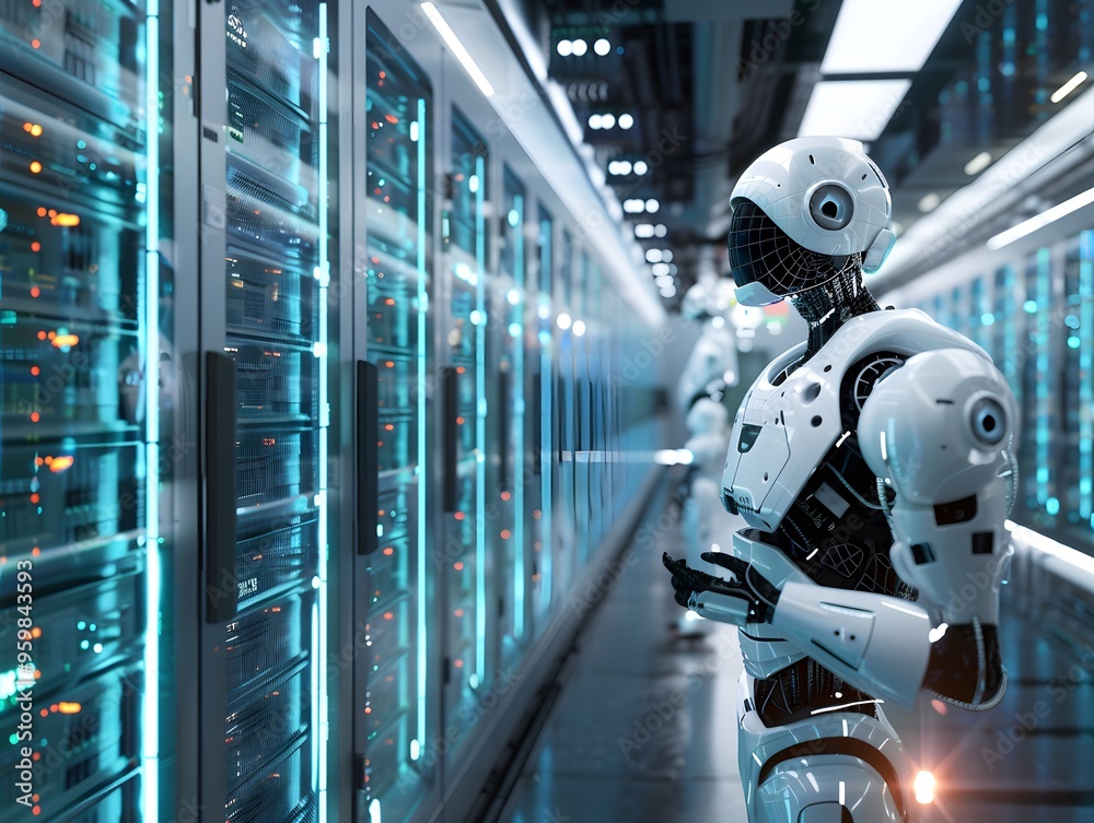 Poster futuristic robot interacting with advanced data servers in a high-tech environment, showcasing techn