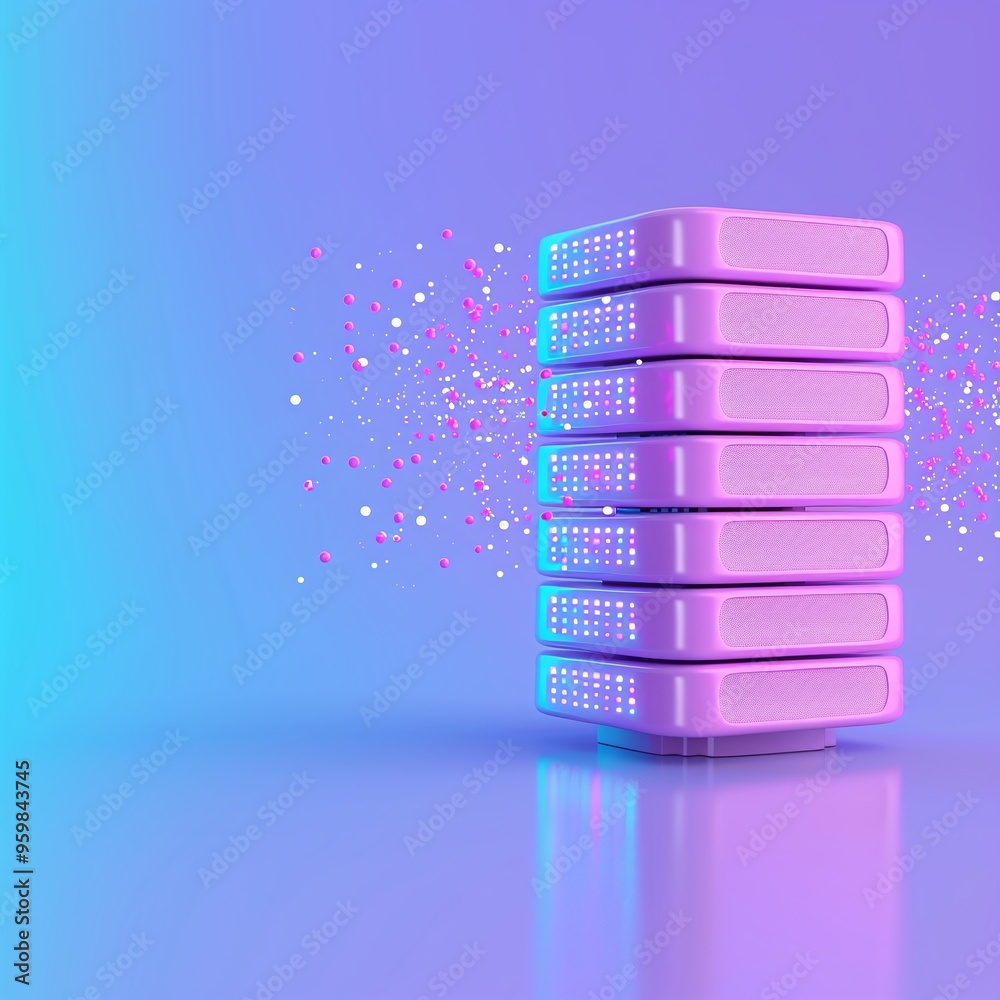Poster futuristic data server stack emitting digital particles on a gradient background, representing techn