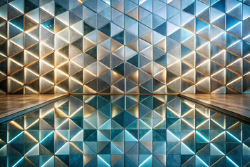 A wall of triangles is reflected in a pool of water. The reflection of the wall is a bright blue color