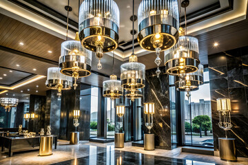 A large, modern lobby with a variety of light fixtures hanging from the ceiling. The room is filled with a mix of lamps and chandeliers, creating a warm and inviting atmosphere. The lighting is bright