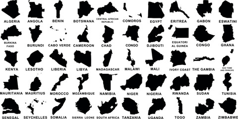 Africa country maps vector silhouette, African map Includes Algeria, Angola, Benin, Botswana, Central African Republic, Comoros, Egypt, Gabon, Eswatini, Ghana, Kenya, Madagascar, Zambia, Zimbabwe