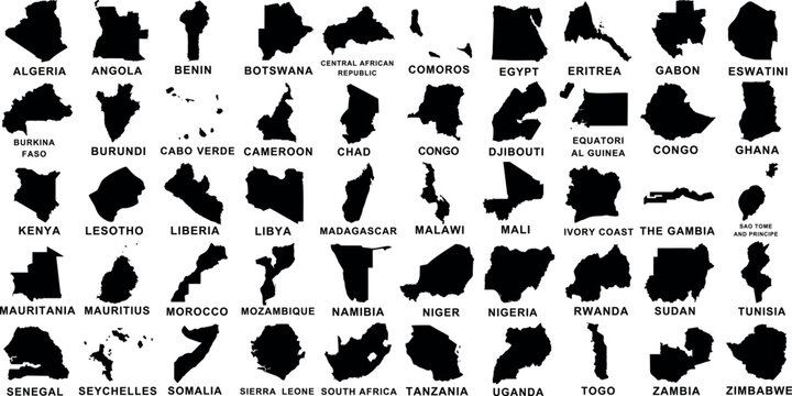 Africa country maps vector silhouette, African map Includes Algeria, Angola, Benin, Botswana, Central African Republic, Comoros, Egypt, Gabon, Eswatini, Ghana, Kenya, Madagascar, Zambia, Zimbabwe