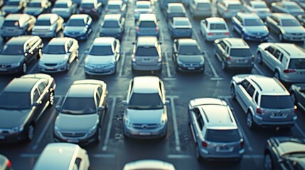 Rows of parked cars fill a large parking lot, captured in a symmetrical and orderly manner from an elevated viewpoint.