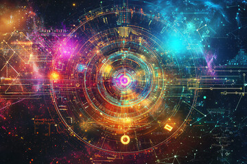 Obraz premium Futuristic glowing circular digital interface in a cosmic nebula backdrop symbolizing advanced technology and exploration