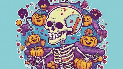 Obraz premium Skeleton and Halloween pumpkins