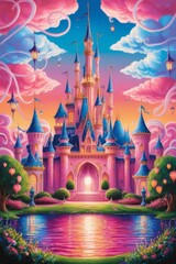 vibrant and radiant image of a whimsical magical city amidst a warm sunset, with towering spires and grand architecture adorned with intricate ornate details, set against a backdrop of cotton candy cl
