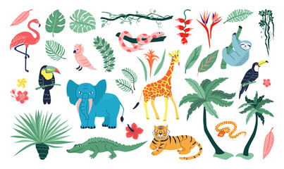 Obraz premium Hand drawn flat jungle element set collection with wild animals