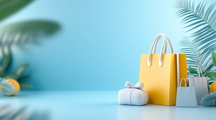 Obraz premium Yellow and White Shopping Bags with Gift Box and Palm Leaves on Blue Background