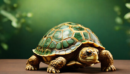 A Vastu or Feng Shui tortoise, symbolizing longevity and prosperity, carved shell with golden accents against a lush green backdrop with copy space

