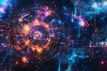 Obraz premium vivid representation of cosmic technology featuring glowing circuits, bright lights, and abstract futuristic patterns in deep space