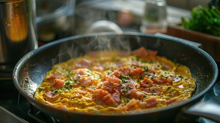 Scrambled Eggs with Ham and Parsley in a Pan