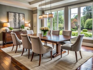 Obraz premium Elegant dining room furniture in Ottawa, featuring modern tables and sophisticated chairs for entertaining, perfect for