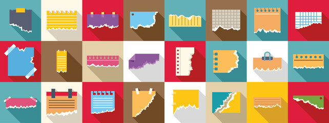 Rip note sheet strip icons set. Torn papers, notes, pieces of paper with shadow effect icons set showing different types of rips and tears