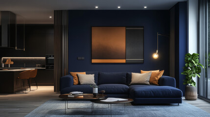 "Modern apartment interior with dark blue walls, featuring an interior mockup. 3D render."







