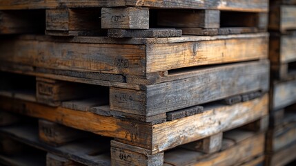 Close-up of weathered wooden pallets stacked neatly in a warehouse corner, showcasing their rugged textures and aged wood grain, moody lighting