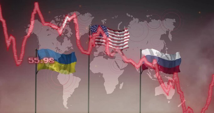 Stock market decline animation over flags of Ukraine, USA, and Russia with world map
