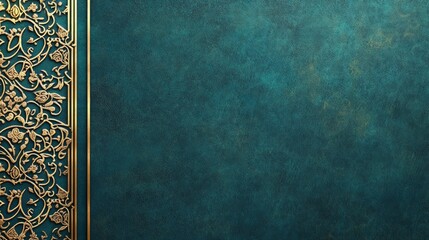 Blue Islamic background with golden ornament border pattern and green color, ramadan background concept