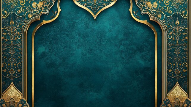 Blue Islamic background with golden ornament border pattern and green color, ramadan background concept