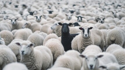 A sheep with dark wool stands out prominently in the middle of a flock of white sheep, symbolizing individuality and difference.